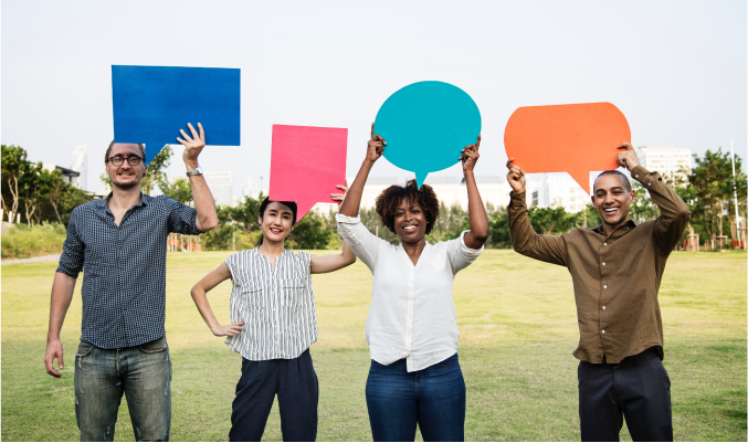 People of different backgrounds holding different shapped speech bubbles